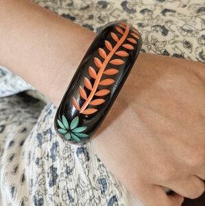 Handcrafted Wooden Black and Orange Leaf Design Bangle